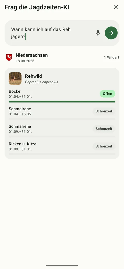 Jagdzeiten-App: KI-Suche