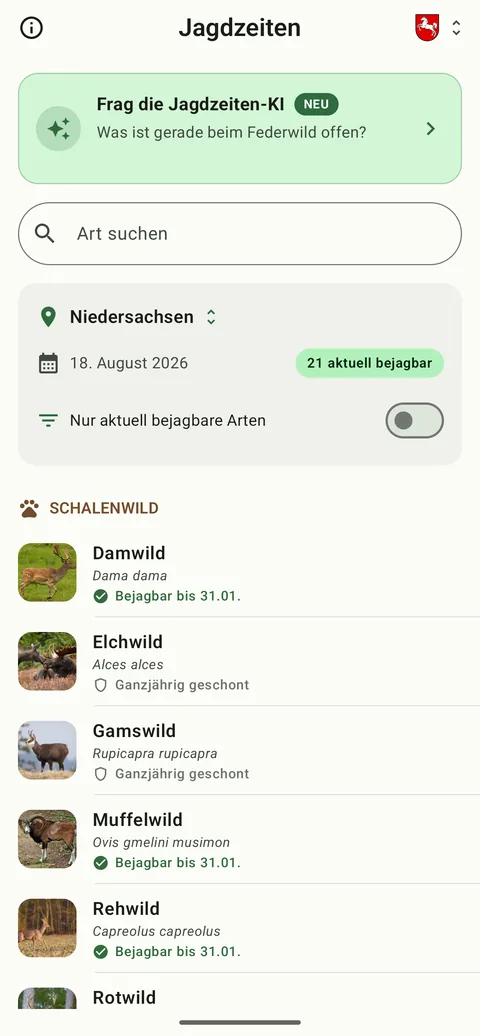 Jagdzeiten-App: Artenliste