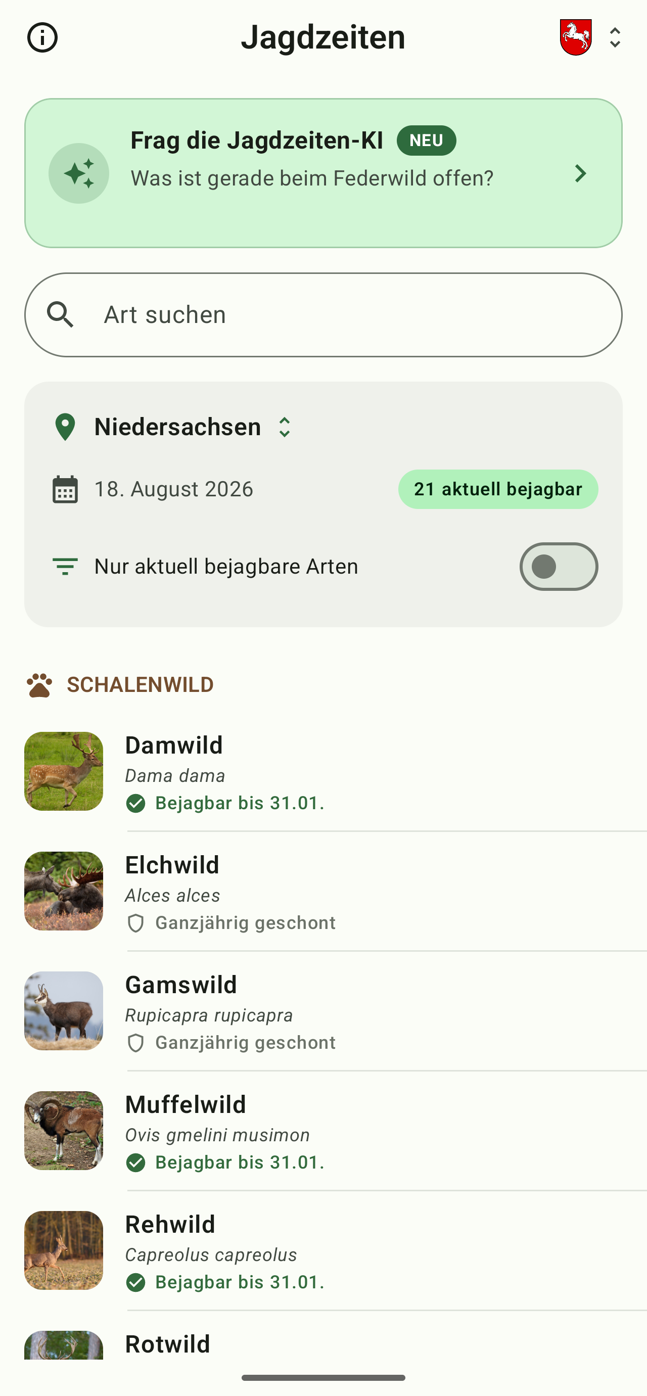 Jagdzeiten-App: Artenliste